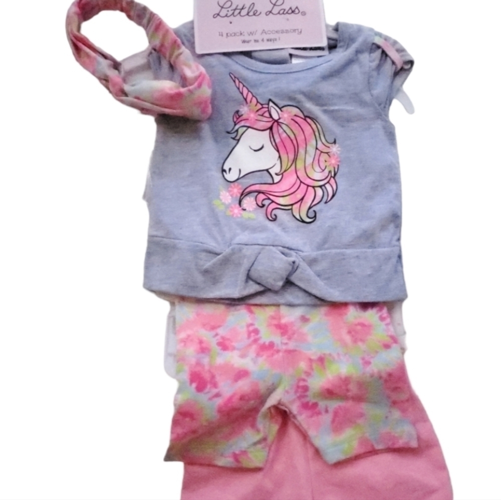 NWT Little Lass 4 Piece with Accessory Pink|White Unicorns Girl 12M